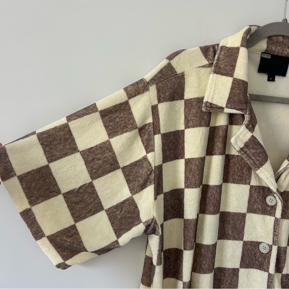 ONA Cream Brown Checkered Terry Oversized Button Down Short Sleeve Top M - Picture 5 of 10
